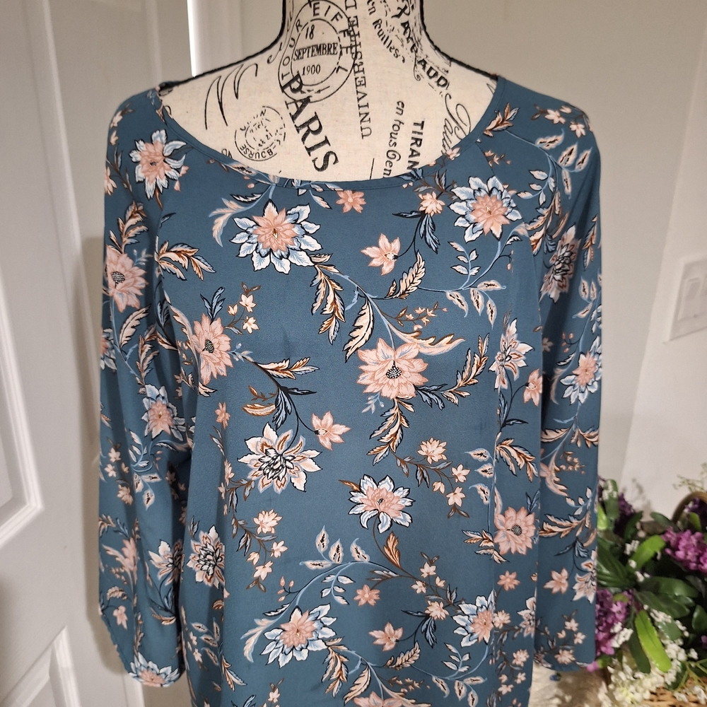 Papermoon Blue Floral Long Sleeve Blouse with Pink Accents - Picture 2 of 3
